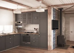 Interior with gray kitchen in a wooden house