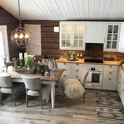 Interior with gray kitchen in a wooden house