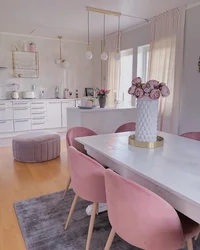 Living room kitchen design in pastel colors