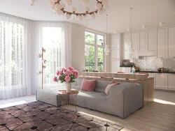 Living room kitchen design in pastel colors