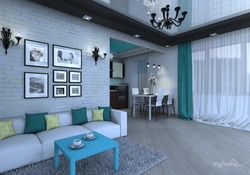 Gray white turquoise living room interior