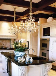 Chandelier in the kitchen in a classic interior