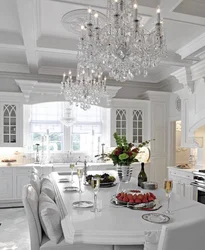 Chandelier in the kitchen in a classic interior