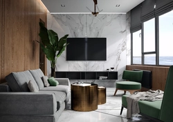 Living room design with marble and wood