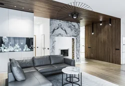 Дизайн гостиной с мрамором и деревом