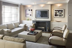 Living room design with sofa and fireplace