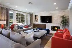 Living room design with sofa and fireplace
