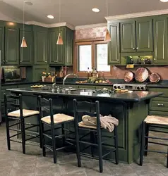 Dark green kitchen in the interior