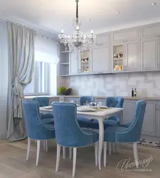 Living room kitchen design in blue tones