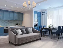 Living room kitchen design in blue tones