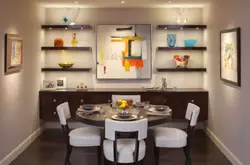 Shelves above the table in the kitchen interior photo