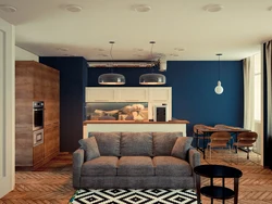 Дизайн кухни гостиной с диваном посередине