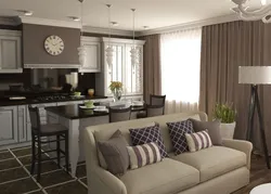 Дизайн кухни гостиной с диваном посередине