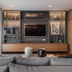 Дизайн стенки в гостиной в современном стиле с телевизором фото