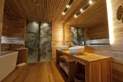 Wooden bathtub in the interior