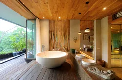Wooden bathtub in the interior