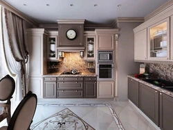 Beige neoclassical kitchen in the interior